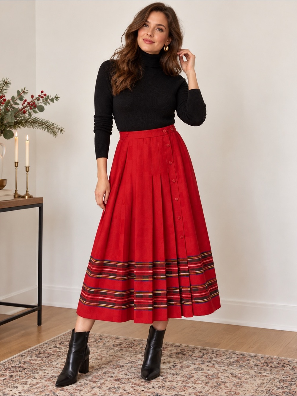 Rare Vintage Made in 🇨🇦 Red Wool Pleated Kilt Style Midi Skirt S/M